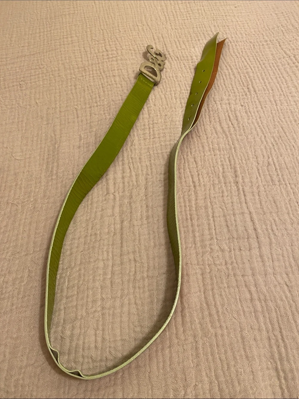 DOLCE & GABBANA D&G Lime Green Leather Belt with Silver Logo Buckle. Size 85
